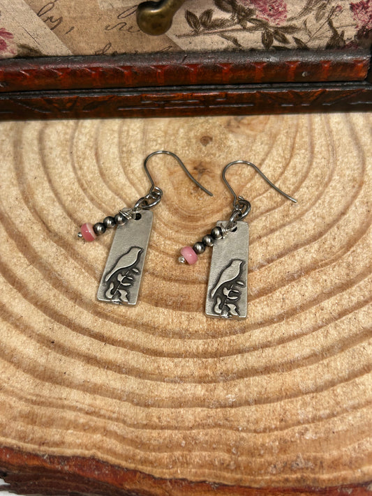 Silver Plated earrings, bird earrings, silver bird, Navajo Pearl earrings, pink conch jewelry, cowgirl earrings