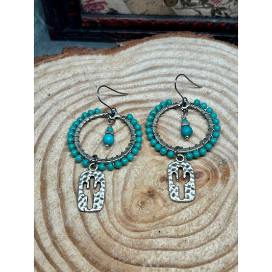 Cactus Jewelry, hammered cactus, turquoise hoops, turquoise earrings, silver cactus earrings, southwestern earrings, cowgirl jewelry, faux turquoise earrings