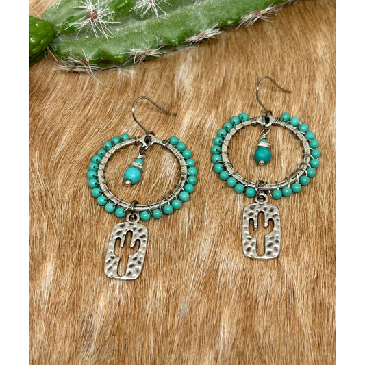 Silver cactus earrings, turquoise and silver jewelry, western jewelry, cactus jewelry, turquoise earrings, green turquoise, cowgirl fashion