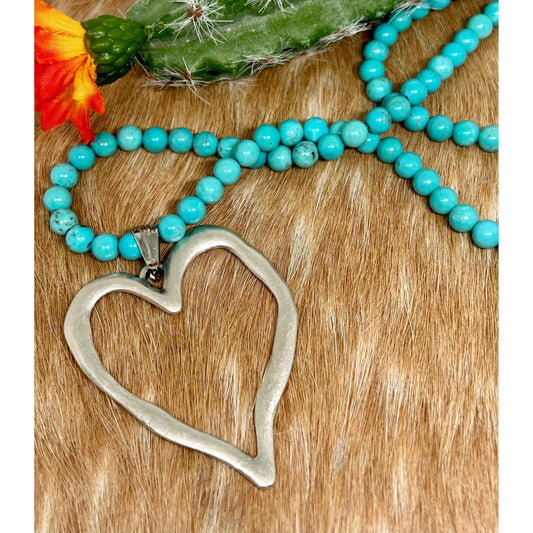 turquoise heart necklace, turquoise heart jewelry, silver heart pendant, silver plated heart, beaded turquoise necklace, turquoise and heart necklace