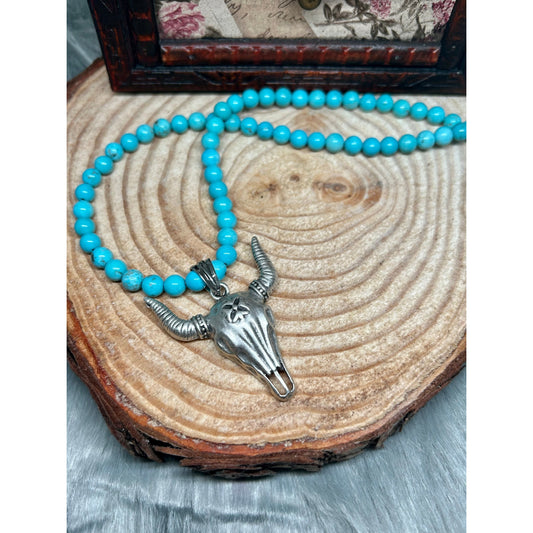 Ox Head Pendant, Beaded Necklace, Turquoise Necklace, Ox Head Jewelry, Southwestern Necklace