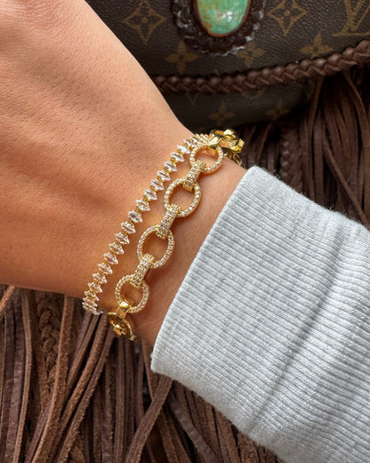 Gold-tone pavé cubic zirconia adjustable cuff bracelet — the Avery by Saddle & Stone