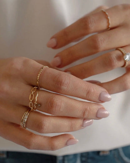 14k gold-filled dotted stacking ring, side profile — the Dottie by Saddle & Stone
