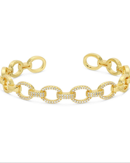 Gold-tone pave cubic zirconia adjustable cuff bracelet, detail view — the Avery by Saddle & Stone